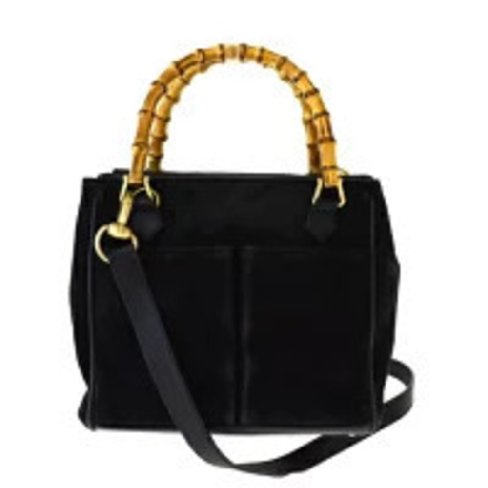 Gucci Bamboo Handbag Shoulder Bag Black Suede Leather